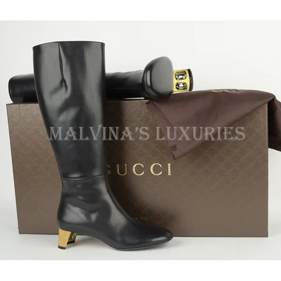 GUCCI BOOTS TALL ARIELLE GOLD MOON CRYSTAL HEEL BLACK LEATHER sz 37.5 7.5